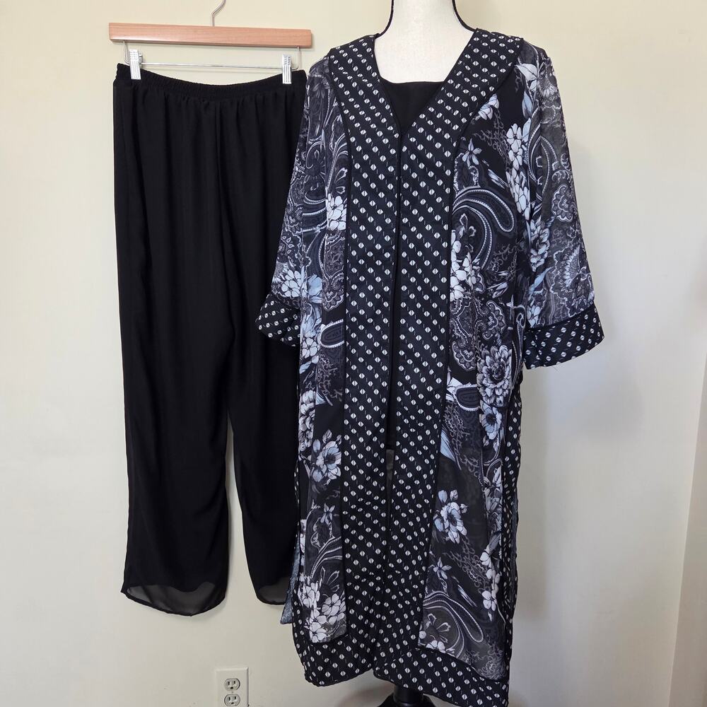 Roaman's 14W 3Pc Sheer Duster/Jacket Top Pants Suit Wearable Art Chiffon Layered